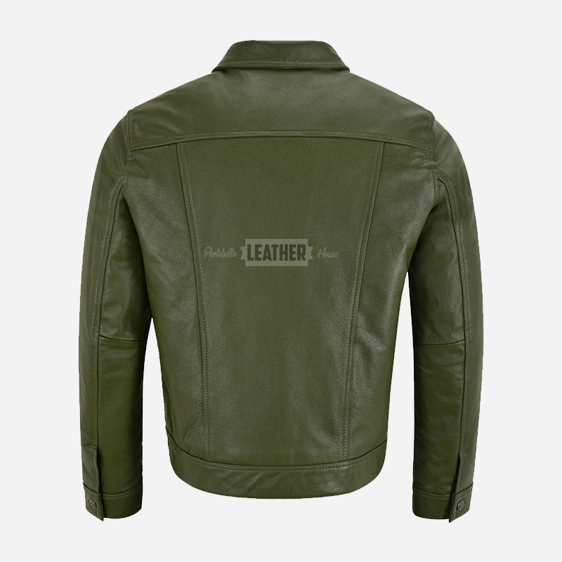 JAXLEY Men's Leather Trucker Jacket in Olive