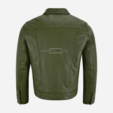 JAXLEY Men's Leather Trucker Jacket in Olive