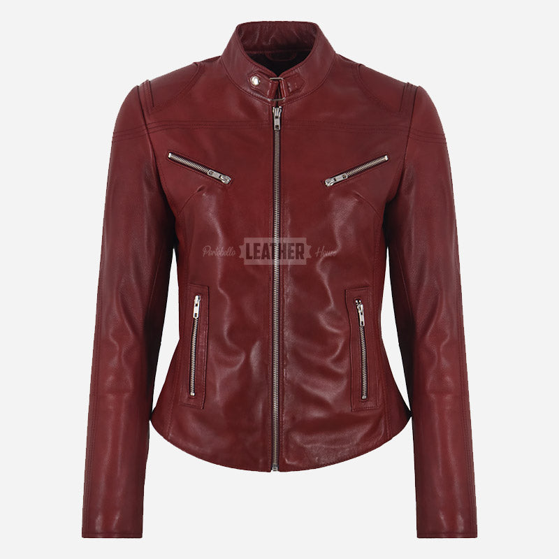 SYNA Women's Leather Racer Jacket Red