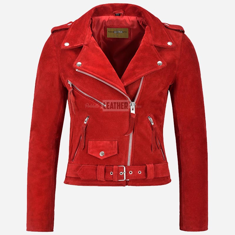 ZESSIA Women’s Fringe Suede Biker Jacket Red