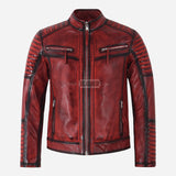 AZREN Men's Leather Biker Jacket Red Vintage