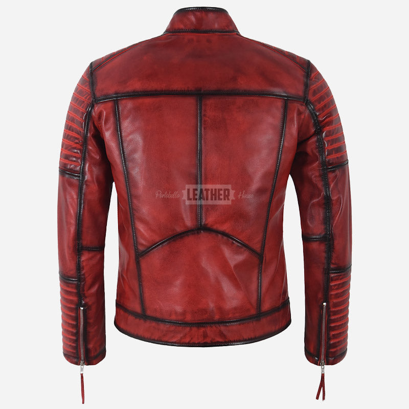 AZREN Men's Leather Biker Jacket Red Vintage