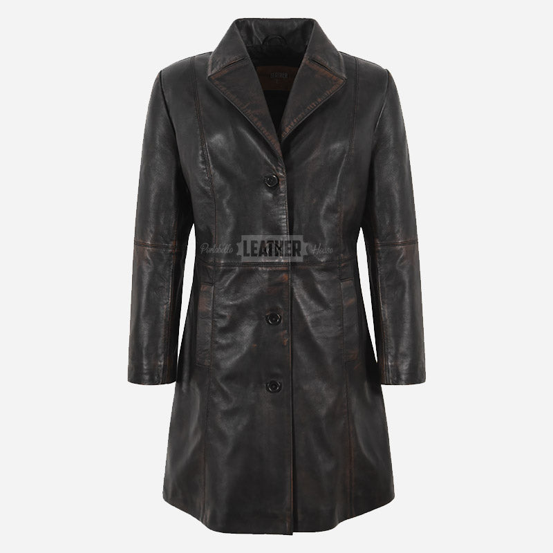 VIONNA Women's 3/4 Length Leather Coat Black Vintage