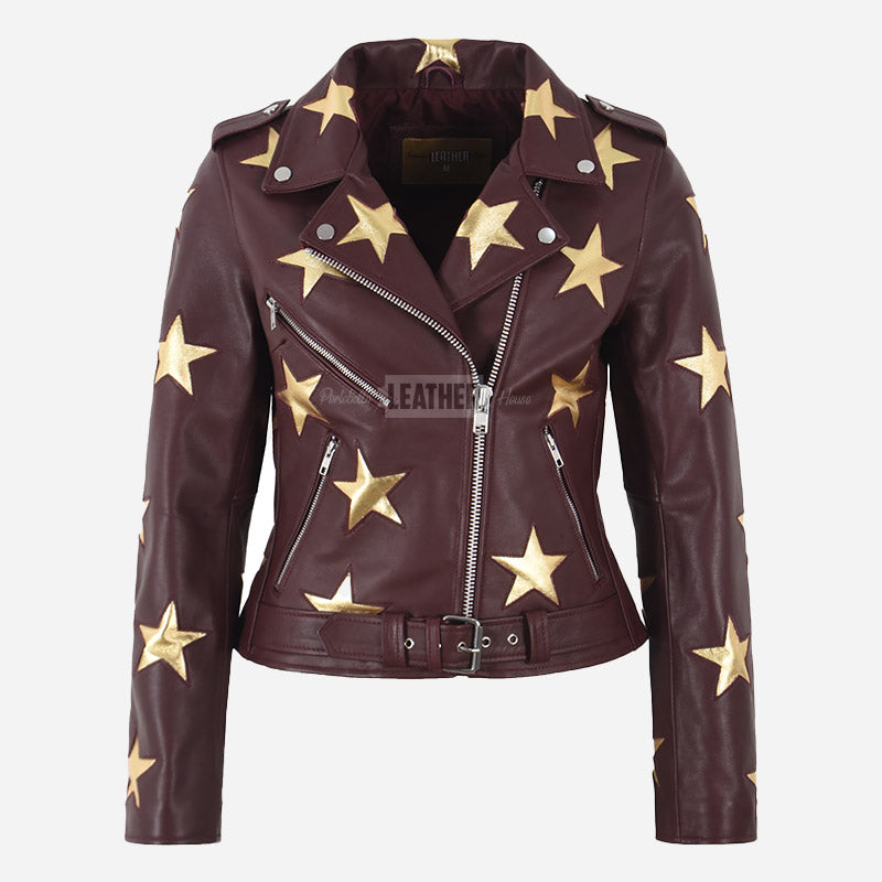STELVIA Star Appliqué Leather Jacket Cherry