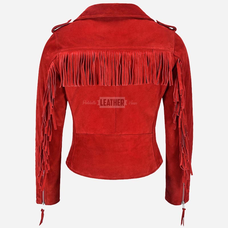 ZESSIA Women’s Fringe Suede Biker Jacket Red