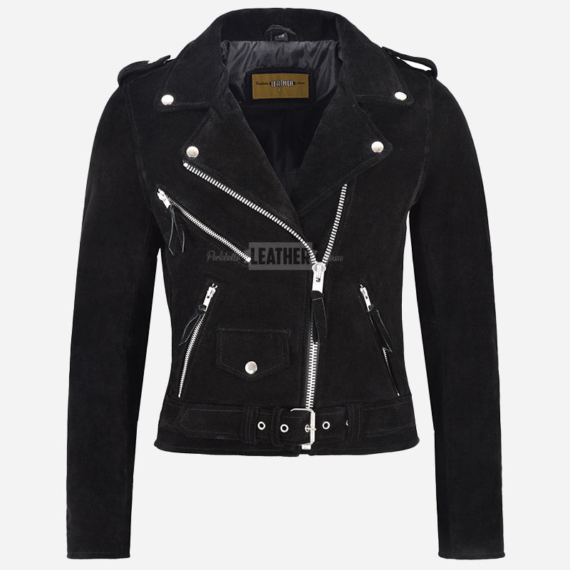 ZESSIA Women’s Fringe Suede Biker Jacket Black