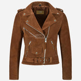 ZESSIA Women’s Fringe Suede Biker Jacket Tan