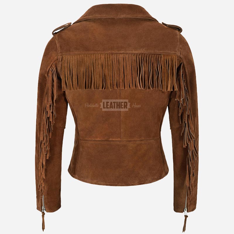 ZESSIA Women’s Fringe Suede Biker Jacket Tan