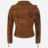 ZESSIA Women’s Fringe Suede Biker Jacket Tan