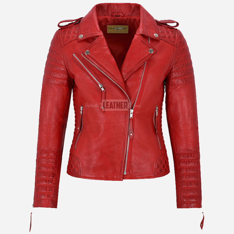 AZRA Women Red Leather Biker Jacket