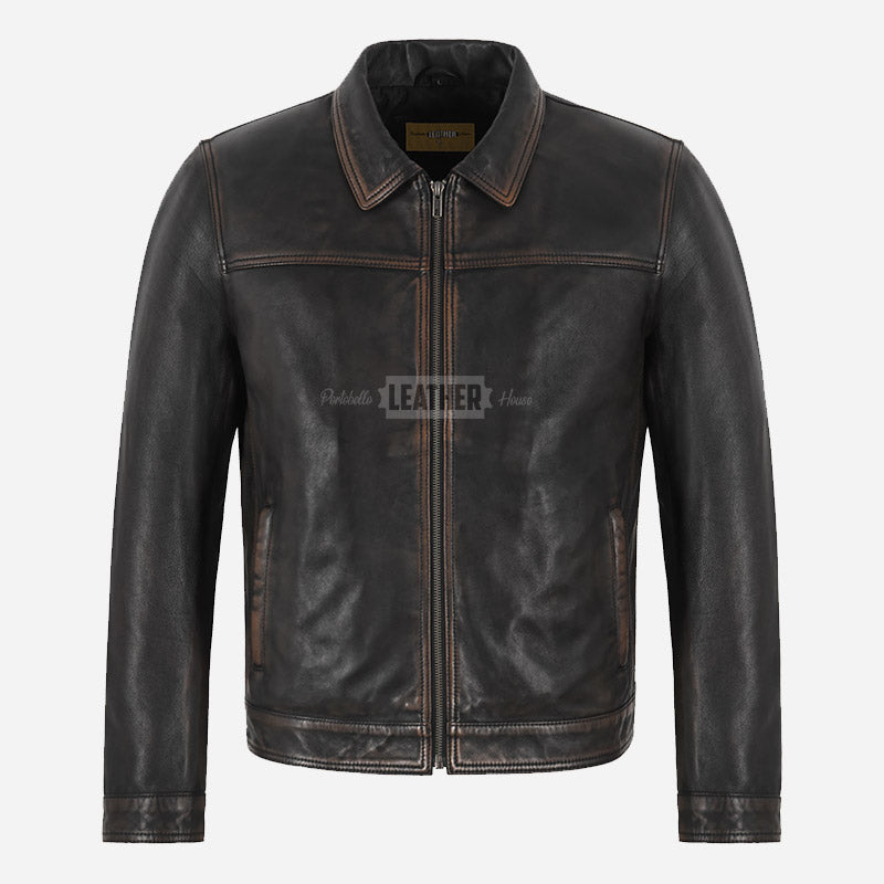 MORDRIX Collared Vintage Leather Jacket