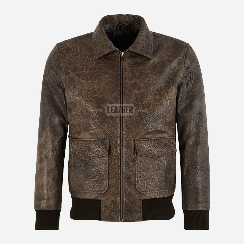 RYZE Distressed Wrinkled Leather Bomber Jacket