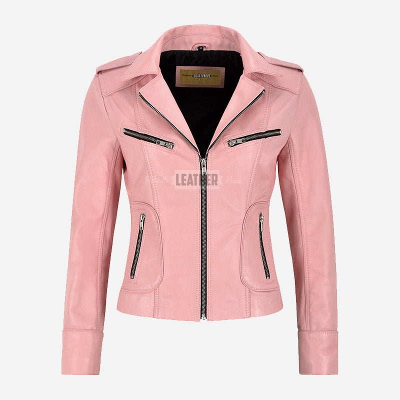 OXVA Centre Zip Leather Biker Jacket Baby Pink