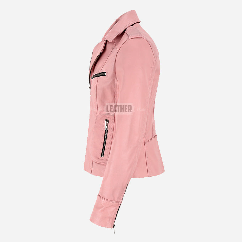 OXVA Centre Zip Leather Biker Jacket Baby Pink