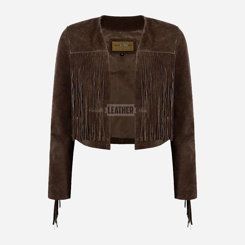 FERVOR Women Suede Fringe Cropped Jacket