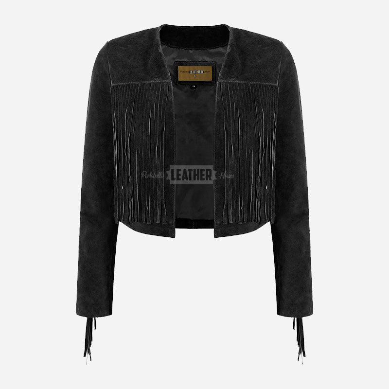 FERVOR Women Suede Fringe Cropped Jacket