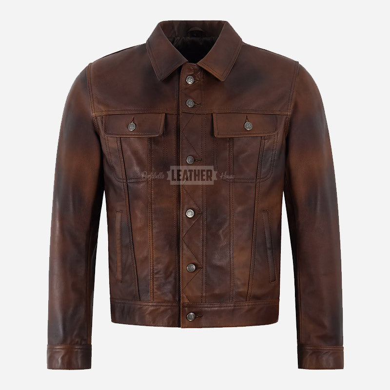 JAXLEY Vintage Brown Leather Trucker Jacket