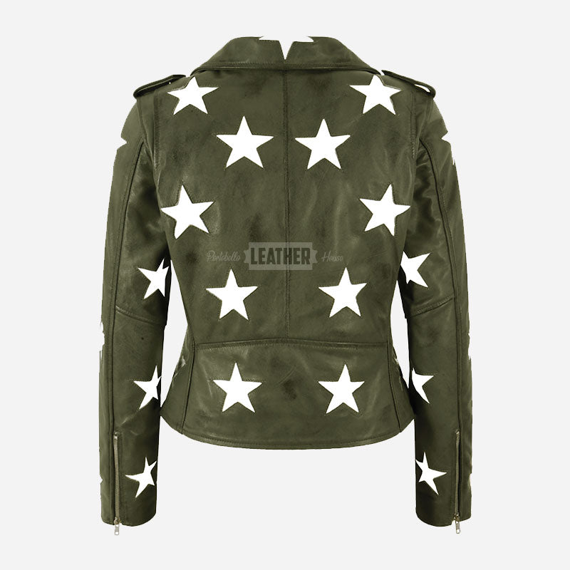 STELVIA Women's Star Appliqué Leather Biker Jacket